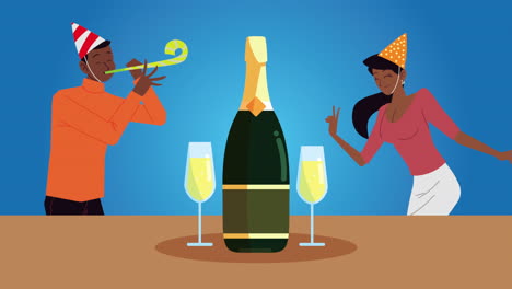 una pareja afro en una fiesta con champán celebrando personajes