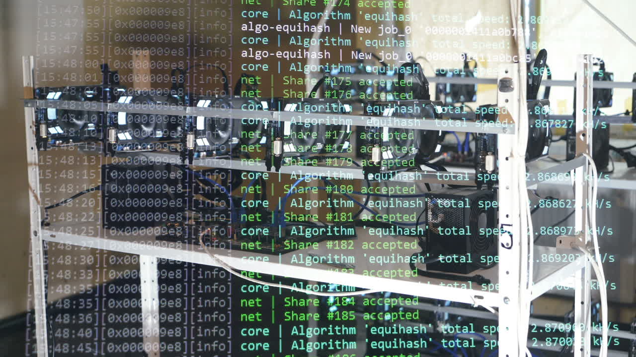 Farm for mining crypto currency on video cards close-up. Device for mining crypto currency. Mining cryptocurrency. Bitcoin.