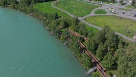 Aerial-footage-the-Soldotna-Creek-Park-next-to-the-Kenai-River-in-Alaska