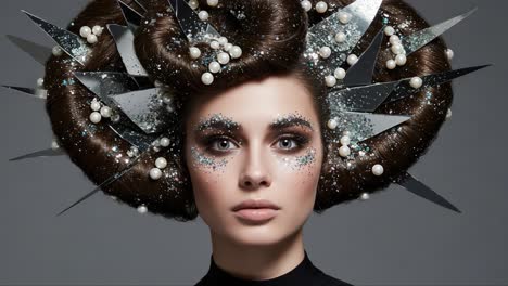 a stunning display of artistic hair fashion featuring intricate design elements and sparkling accents that captivate the eye in a fashion portrait setting