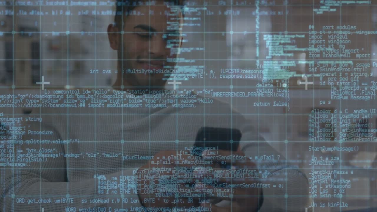 Man sitting couch raising phone tapping, teal grid code overlay, camera zooming reviewing app