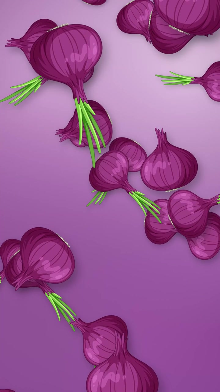 Stylized red onions fall vertically against a purple gradient background in a seamless loop.