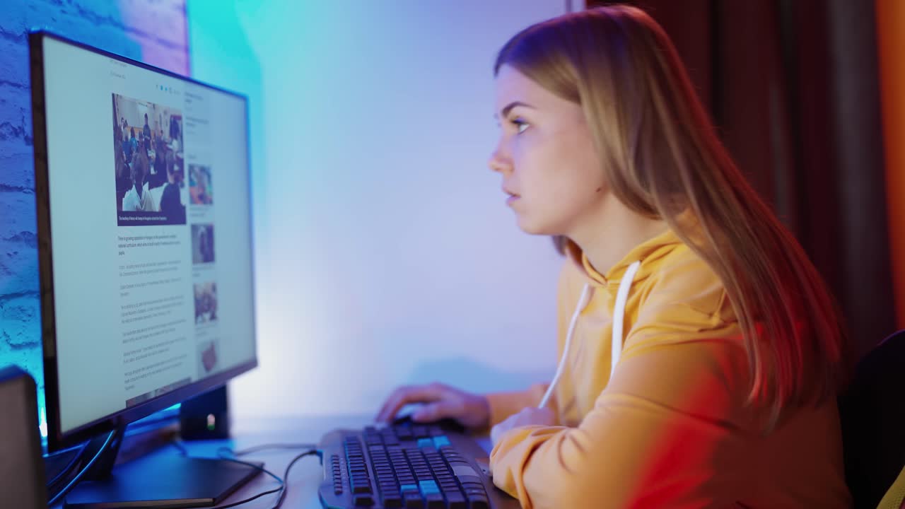 Girl using computer. Young beautiful girl using computer to look up information on the internet