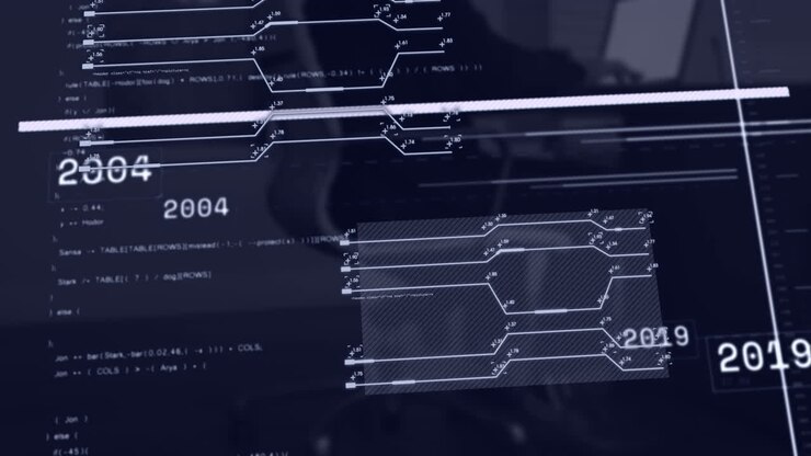 Animation of numbers, circuit board patterns, computer language, midsection of man working on laptop