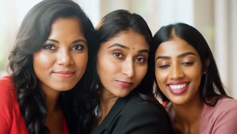 three beautiful indian women smile and enjoy their time together, radiating happiness and warmth in a cheerful indoor setting. their friendship showcases joy and connection
