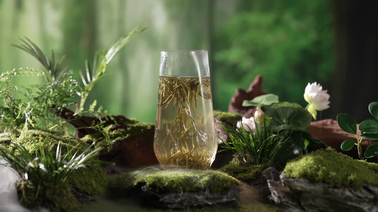 Refreshing Tranquil Tea still life film food culture Moment: Aromatic Herbal Infusion with Mountain View in Tropical Paradise