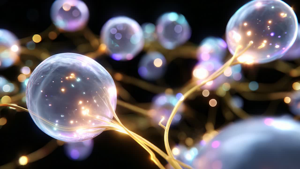 A mesmerizing visual display of interconnected luminous bubbles delicately suspended in a dark background, showcasing a blend of colors and ethereal lighting effects that create a captivating atmosphere