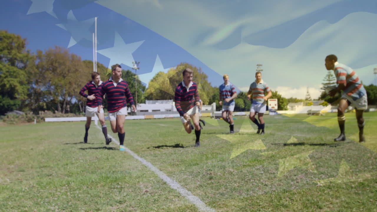 Running on field, rugby players with American flag animation overlay