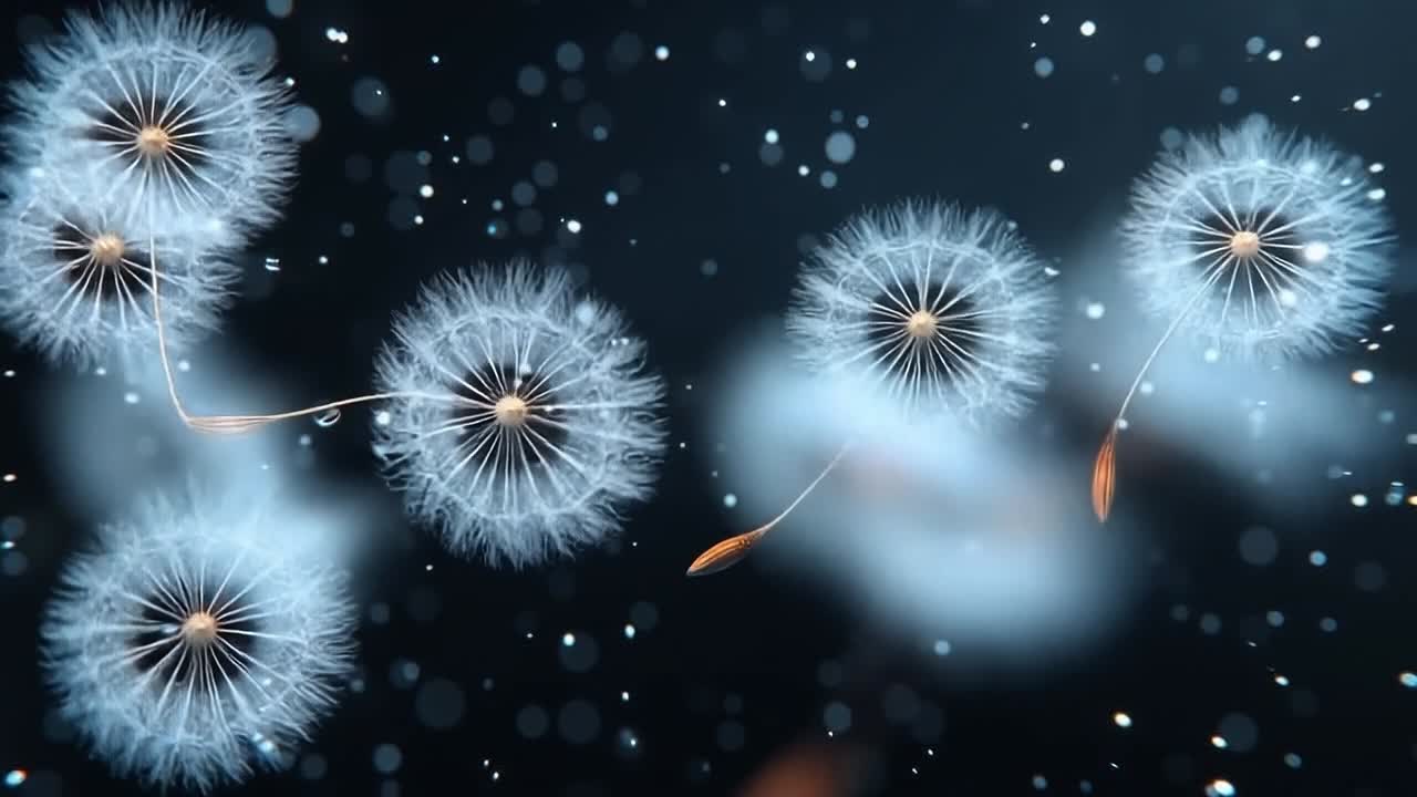 Dandelion seeds blowing in the wind. Dandelion seeds drift gracefully through the air, illuminated by soft light against a dark background.