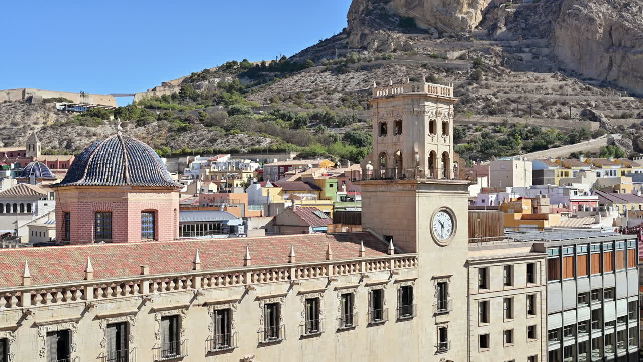View of Town Hall and Mountain Benacantil in Alicante, Spain