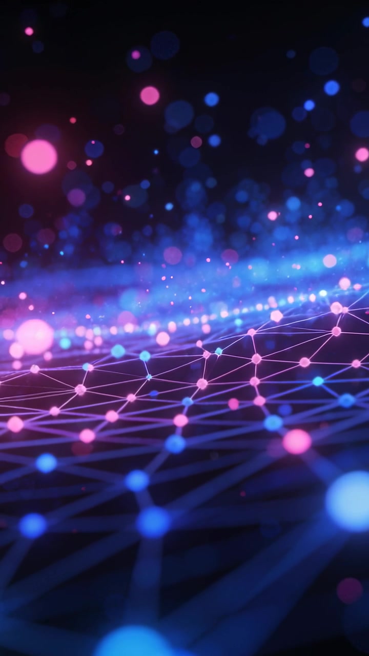Vertical video: Animating glowing mesh rippling in virtual void on loop, cyan ridge, pink nodes