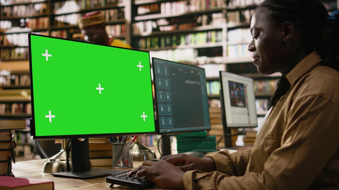 Chroma key mockup på en computerskærm ved et fælles biblioteksstudiebord