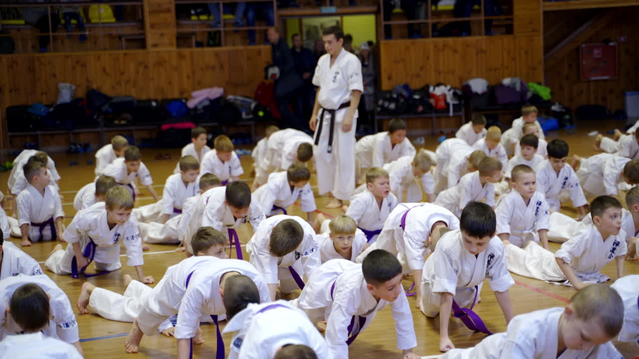 Karate master class for teenage children. Young athletes doing push-ups in the gym. Coach walking between the trainees and watching sportsmen.