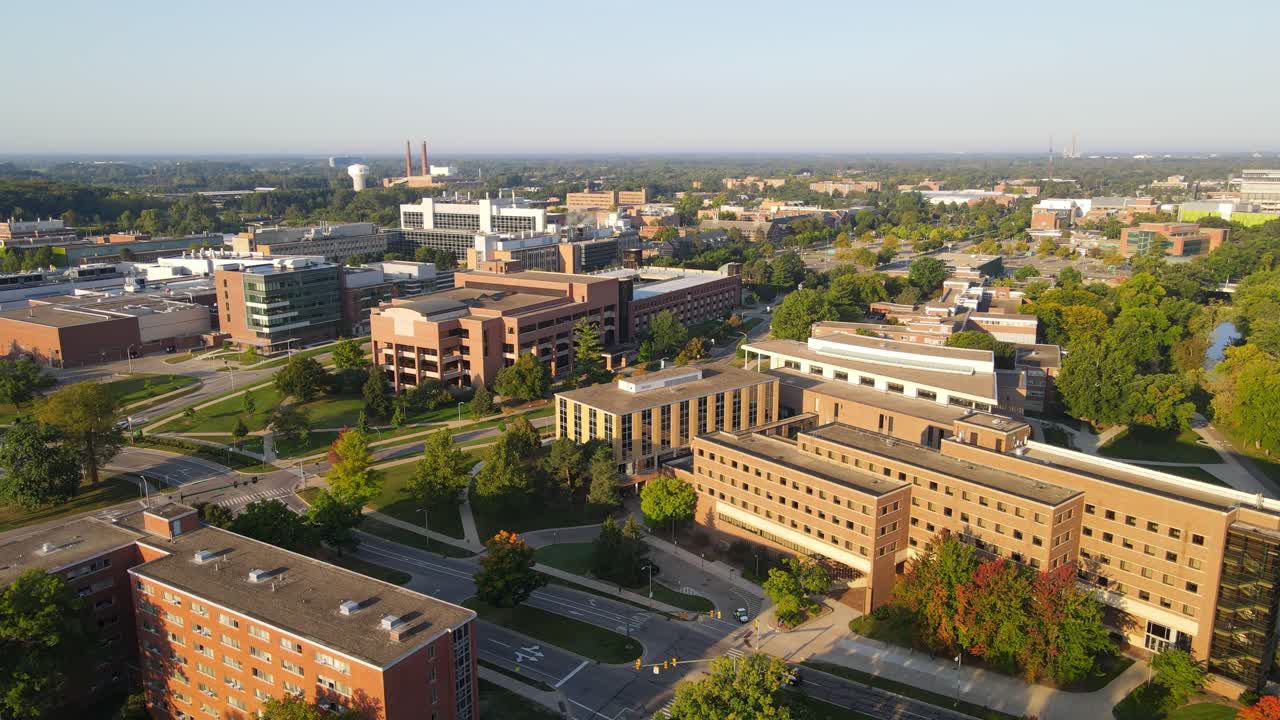 Massive building complex of Michigan state university, aerial drone view