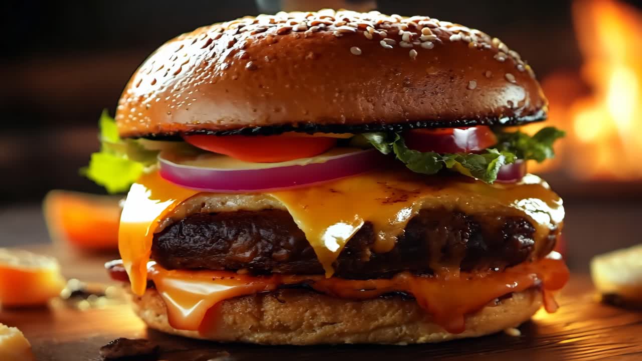 A large hamburger with cheese and onions on top. The bun is brown and the cheese is melted