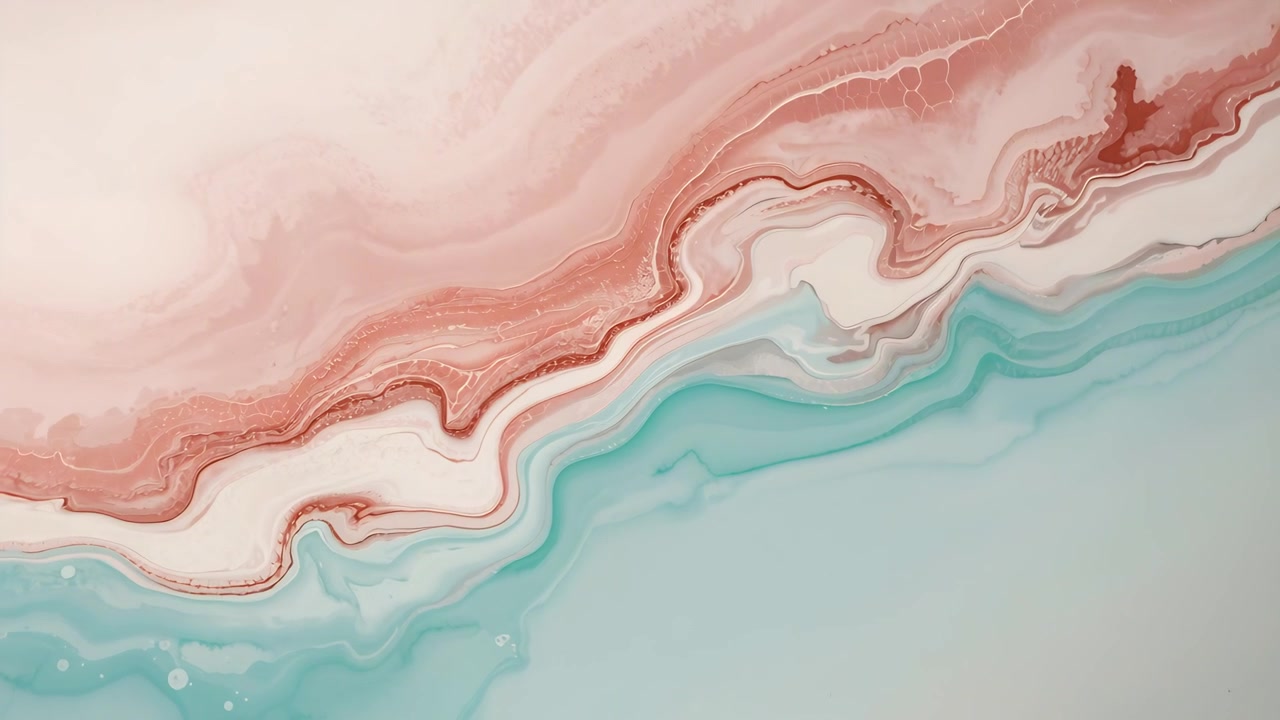 Evolving marbled pigments shifting pastel bands in close-up view, with thin veins, droplets