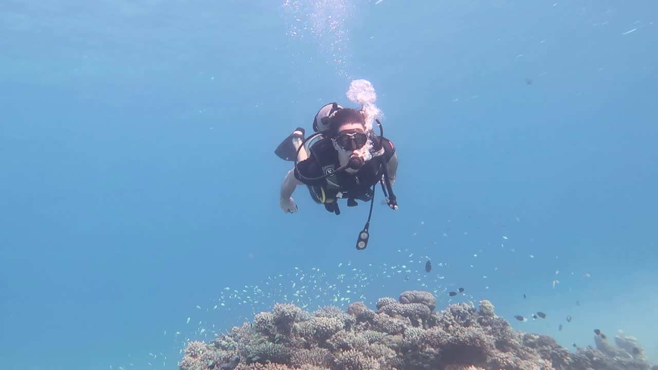 disparo en cámara lenta de un buzo que da la señal de ok mientras está en el mar rojo