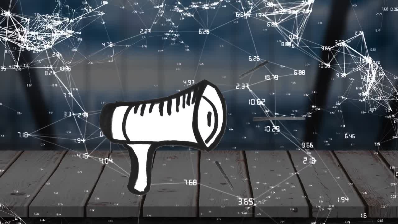 메가폰 아이콘의 애니메이션과 시티스케이프를 통해 데이터 처리를 하는 연결 네트워크.