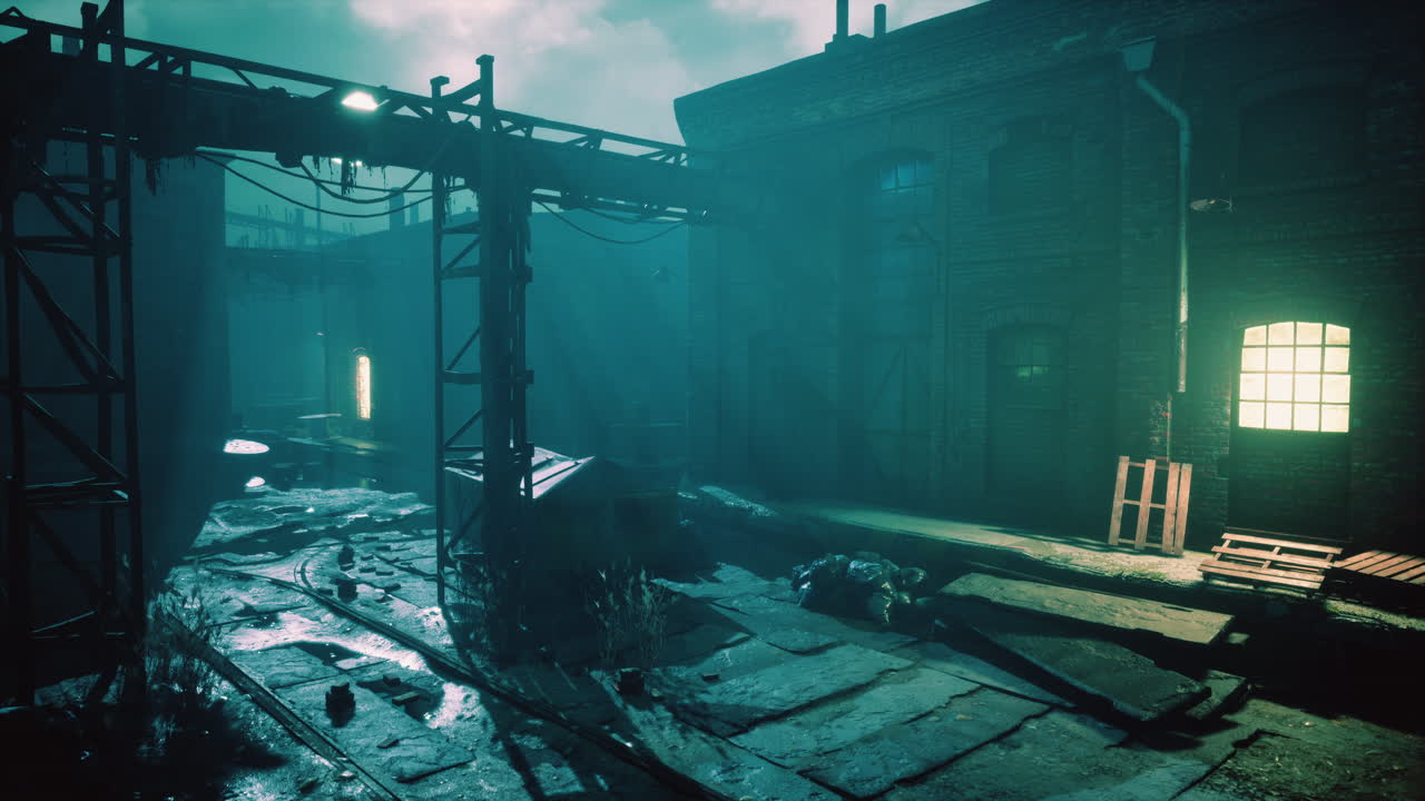 밤에 오래된 어두운 공장 창고 골목