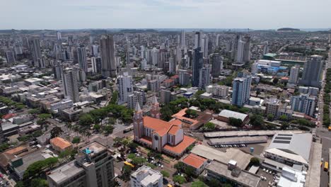 aerial takes of the center of chapecó santa catarina, passing by the cathedral santo antonio