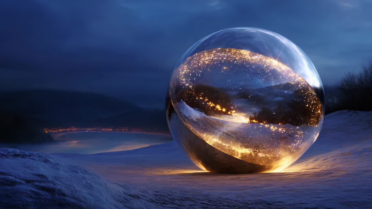 A Mystical Luminous Sphere Glowing in a Snowy Landscape, Reflecting a Starry Night Sky and a River Underneath, Creating a Magical Atmosphere of Wonder, Tranquility, and Enchantment in Nature