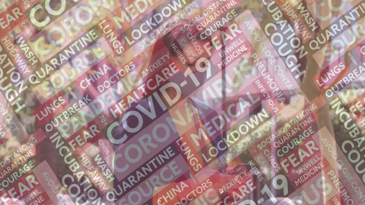 스마트폰을 사용하는 여성이 얼굴 마스크를 쓰고 있는 코로나19 텍스트의 애니메이션