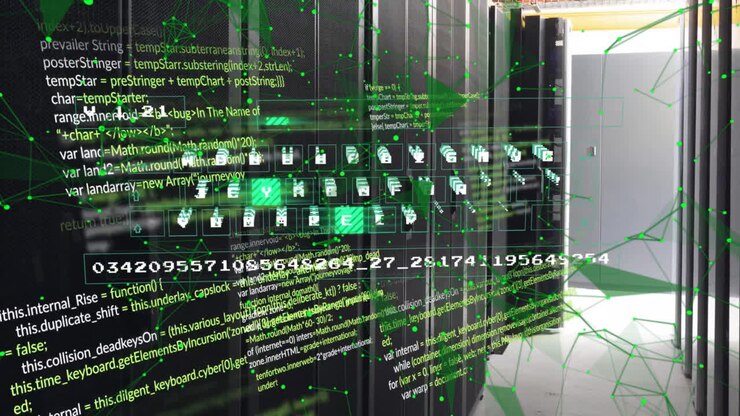 Animation of computer keyboard, data processing and communication network over computer server room