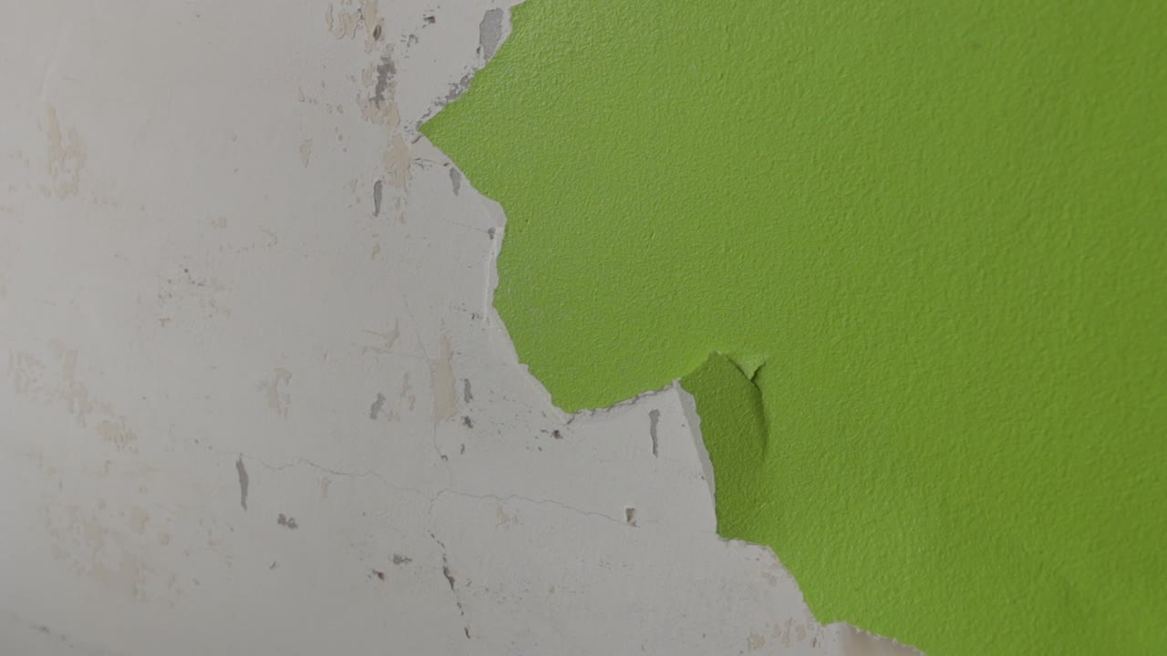 toma constante de un hombre quitando pintura verde de una pared ocupada con renovaciones