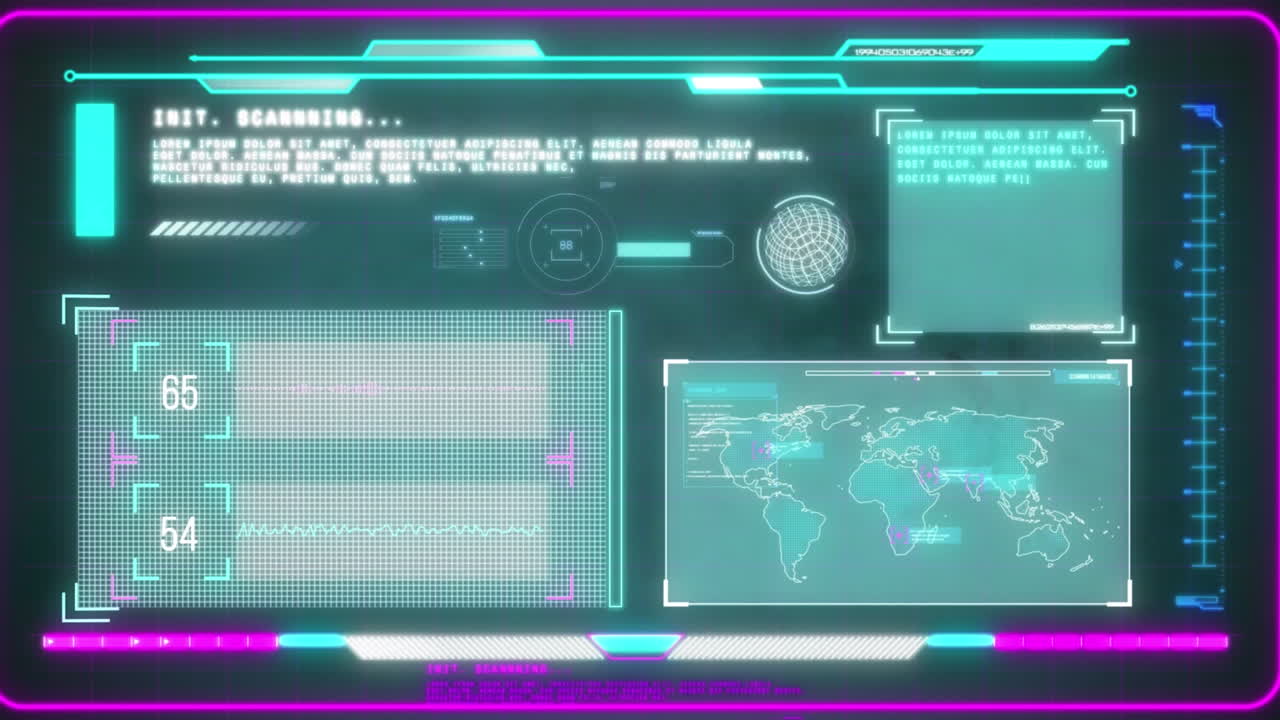 анимация обработки данных над формами на синем фоне