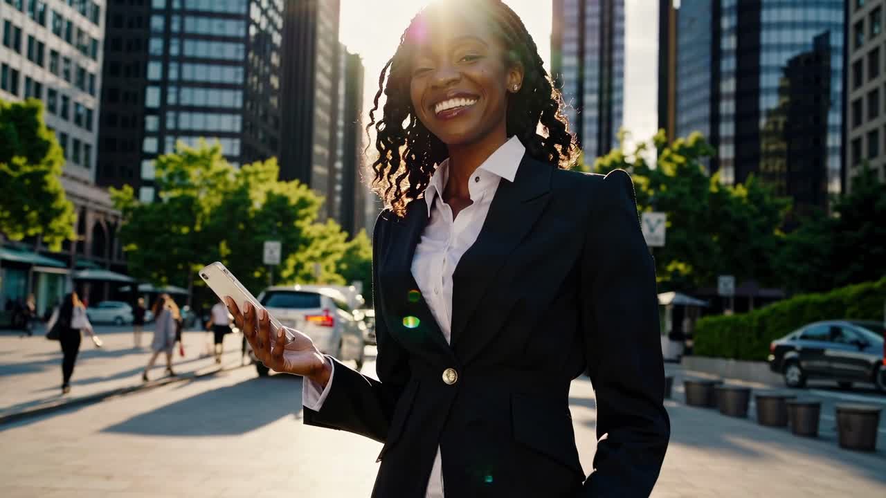 A video captures a businesswoman smiling at her phone on a city street