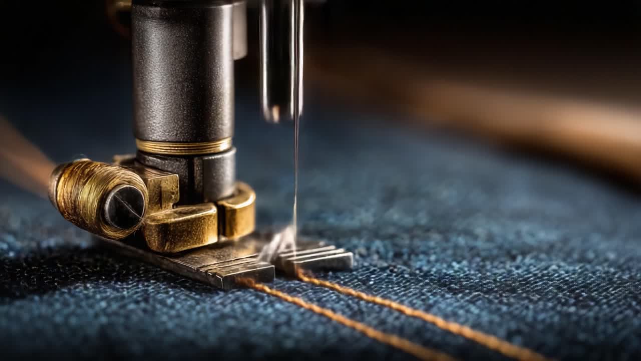 Primo piano di un ago di macchina da cucire mentre cuce senza interruzioni il tessuto denim, catturando la precisione della sartoria e la maestria del lavoro tessile.