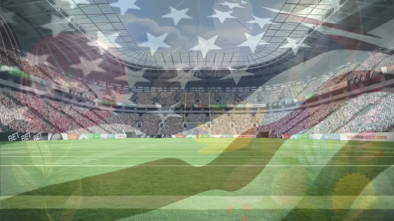 animación de la bandera de los ee.uu. ondeando sobre el estadio deportivo