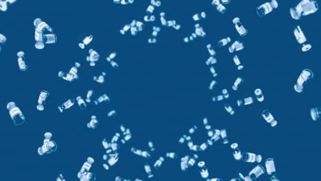 volando muchas botellas de vacunas en fondo azul. concepto médico. cura de virus. líquido transparente. animación de bucle 3d de vacunas.
