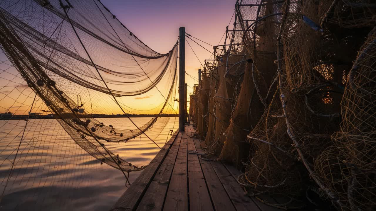 Captivating Sunset Over Tranquil Waters with Fishing Nets in Frame, Showcasing the Artistic Beauty of Nature and Maritime Culture at Dusk