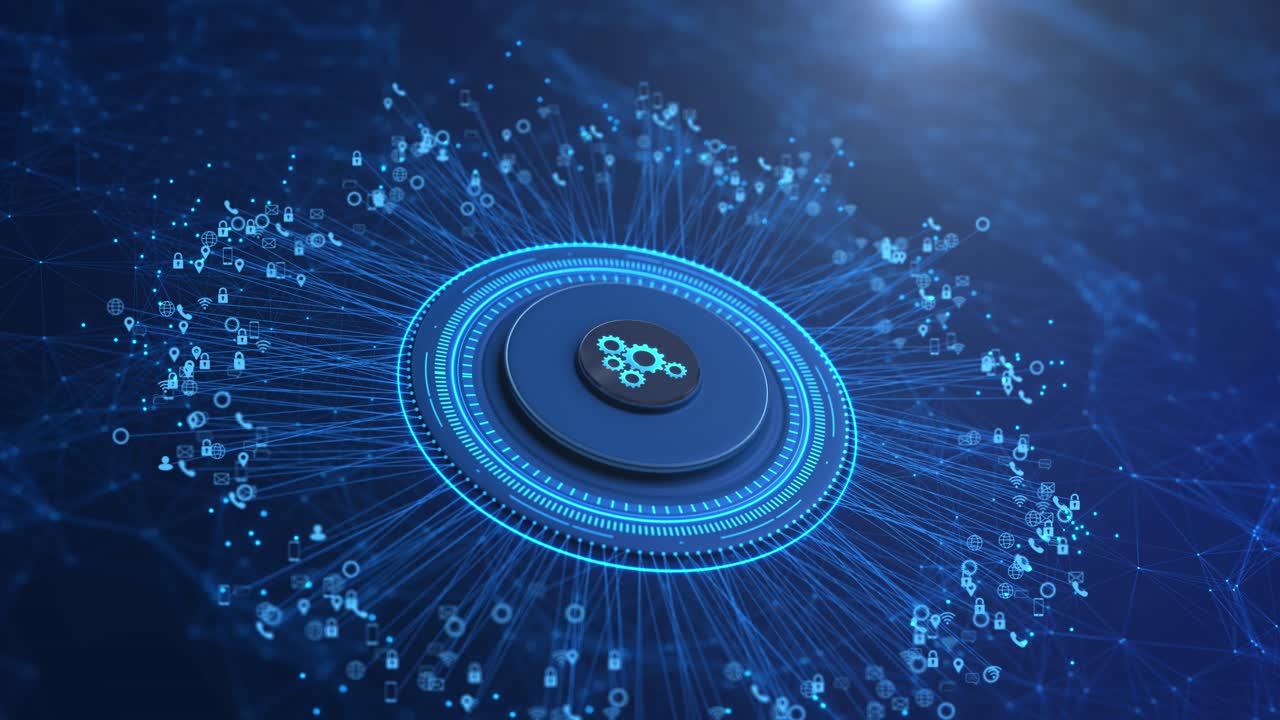 Mano umana clicca su un hub di rete digitale futuristico, icona dell'ingranaggio centrale con simboli di connettività luminosi.