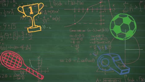 Animación-De-íconos-Deportivos-Y-Procesamiento-De-Datos-Matemáticos-Sobre-Fondo-Verde