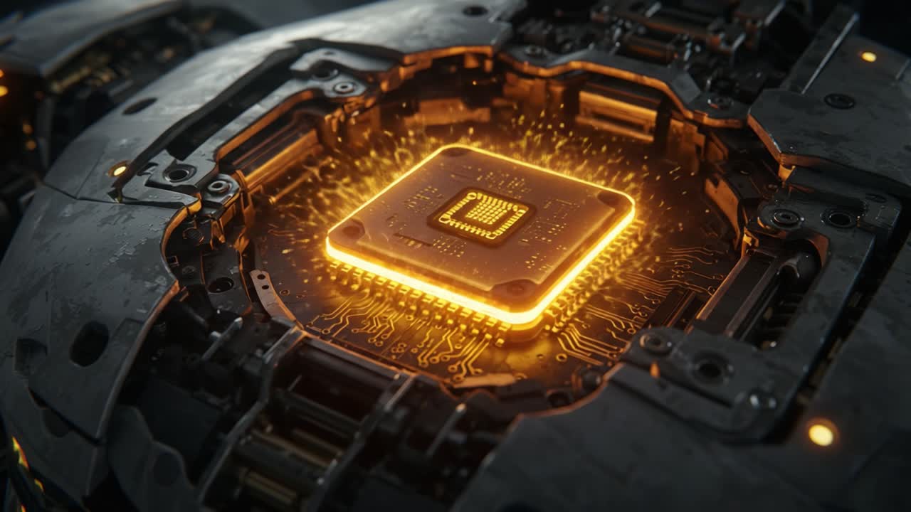 An Intricate Close-Up of a High-Tech Microprocessor Encased in Futuristic Machinery, Illuminated by Iridescent Orange Sparks, Showcasing Advanced Circuitry and Design Dynamics