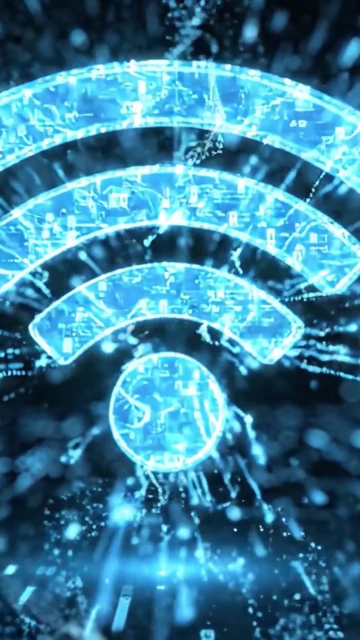 En rejse gennem det digitale rige: Udforskning af transformationen fra datastrøm til konnektivitet med et levende Wi-Fi-symbol og global netværksrepræsentation.