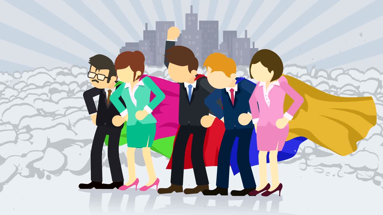 도시 배경에 서있는 슈퍼 히어로, 먼지 구름 근처, 비즈니스 팀 상징, 팀워크 및 성취 개념, 만화 루프 애니메이션.