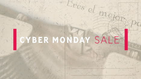 digital animation of cyber monday sale text against spanish text on beige background