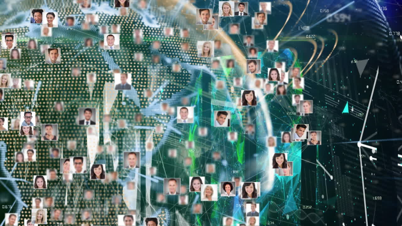 디지털 글로브는 아이콘으로 네트워크 속에서 회전하며 글로벌 비즈니스를 상징합니다.