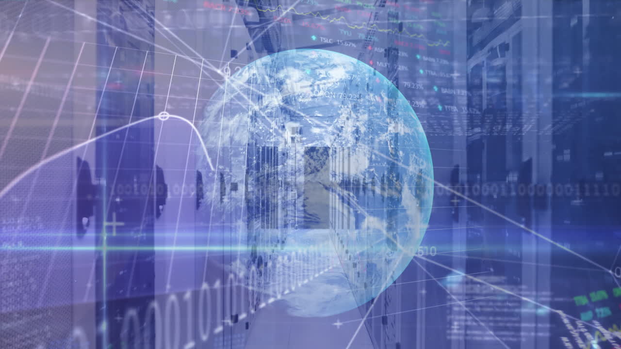 지구의 애니메이션과 컴퓨터 서버를 통한 데이터 처리