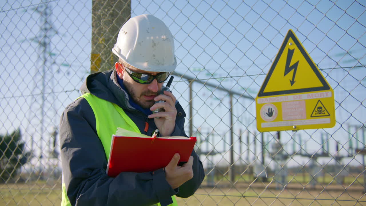 ingeniero masculino hablando por la radio mientras sostiene un clipboard en la subestación eléctrica, dinámico de mano