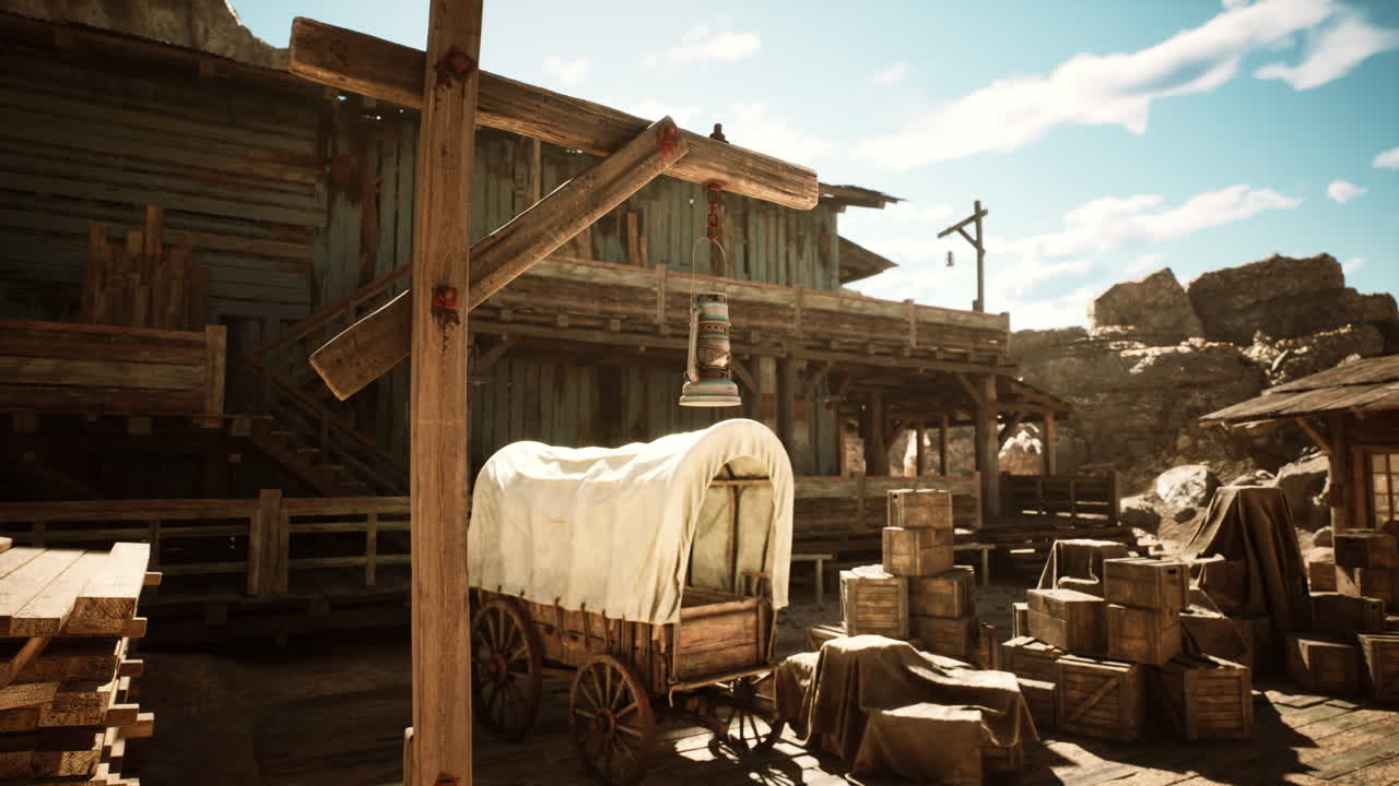 Old western town with a wooden wagon and crates under a bright sky