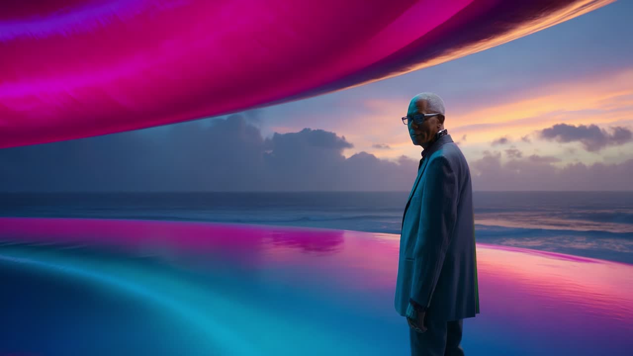 A contemplative figure stands by a serene pool under a vibrant, colorful sky, reflecting on life as hues of pink and purple illuminate the tranquil scene at dusk
