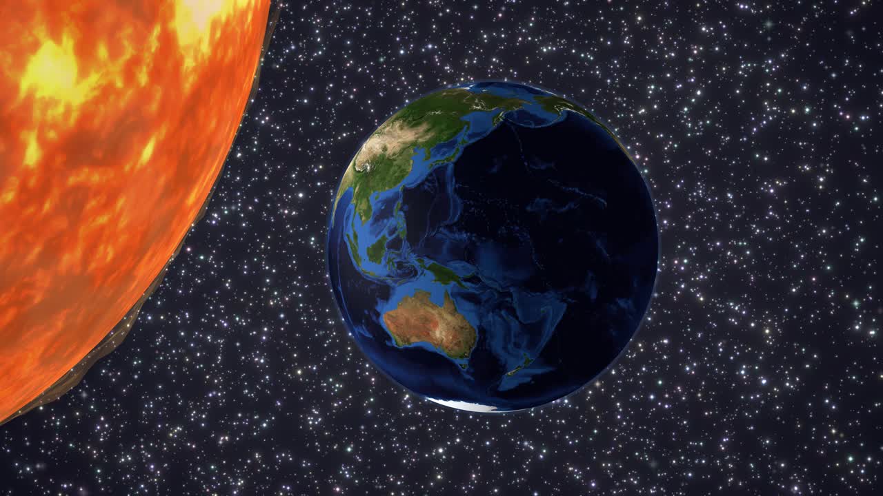 A realistic 3D animation of Earth rotating against a starry background near the sun