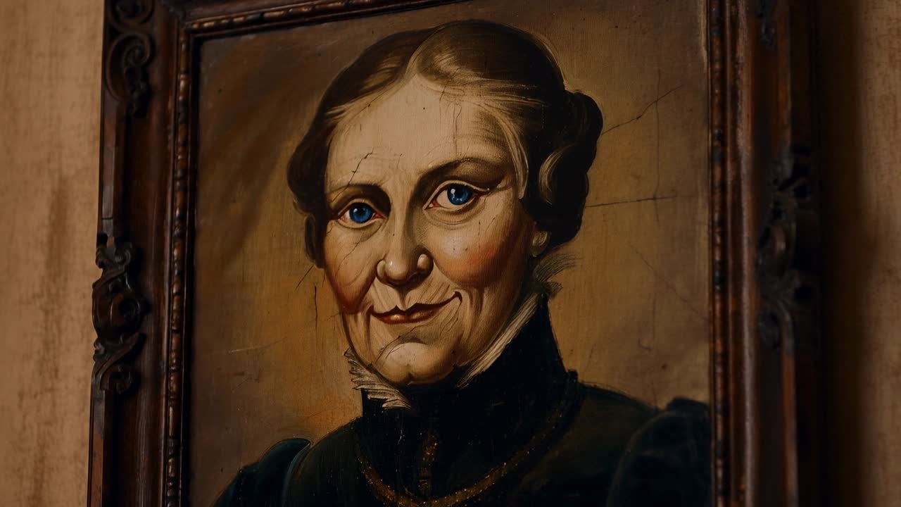 Exibindo um retrato pintado de uma pessoa idosa rachando e movendo os olhos em sequência em uma sala, com moldura e babado