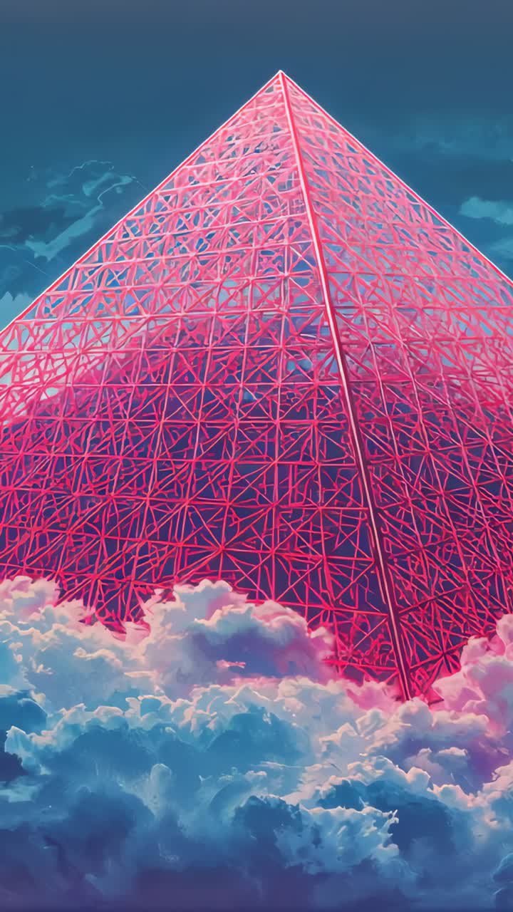 Vertical video: Moving camera showing pink lattice pyramid rising above clouds revealing lit apex