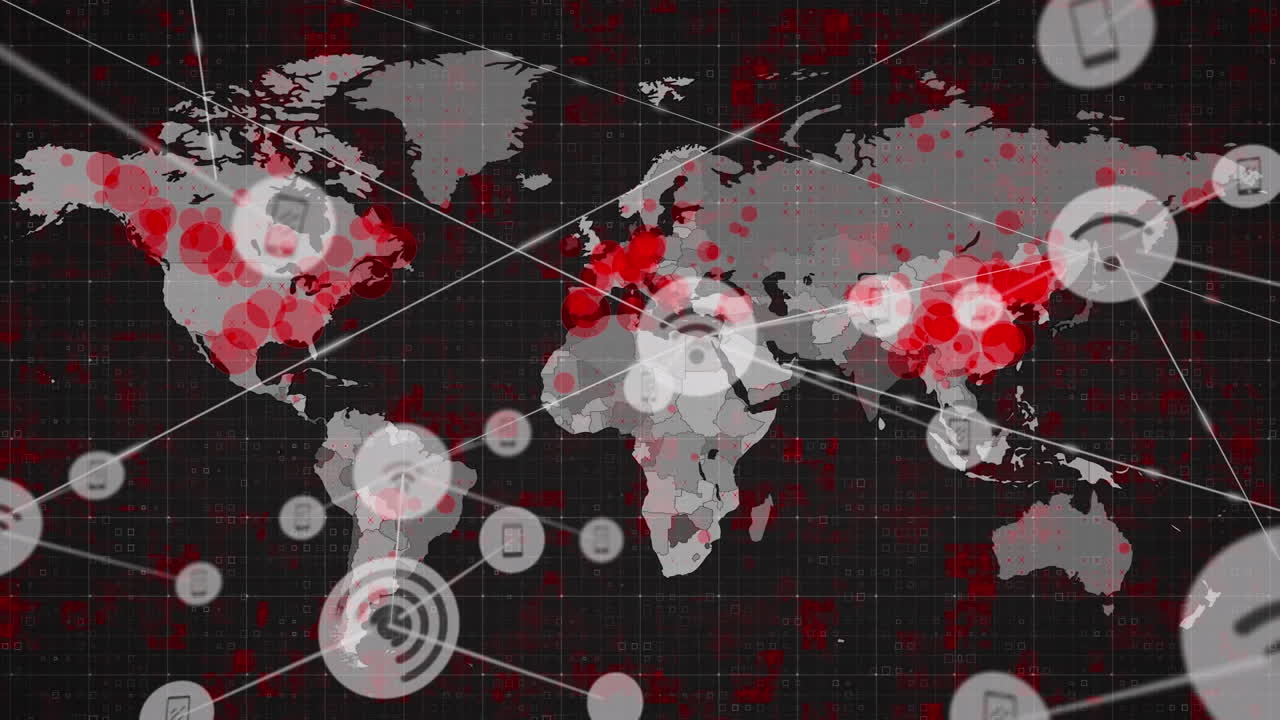 검은색 배경에 있는 세계 지도 위의 연결 네트워크의 애니메이션