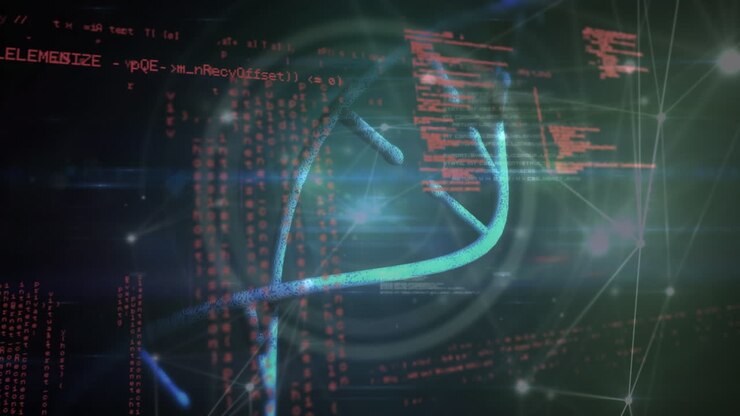 Animation of scientific data, dna and connections over black background